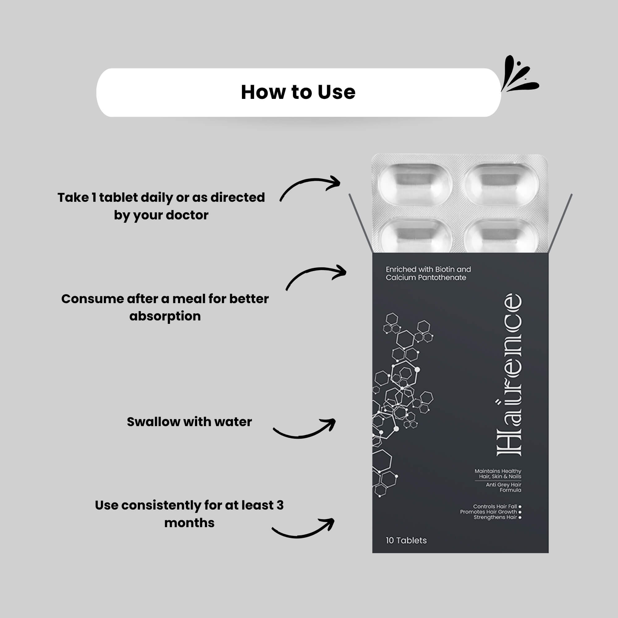 How to use Hairience Tablets – take 1 tablet daily after meals with water, use consistently for 3 months for best hair growth and strength results.